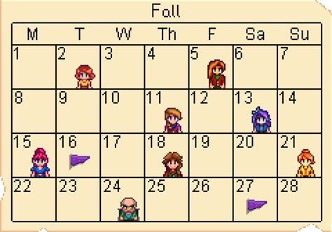 Stardew Fall Calendar